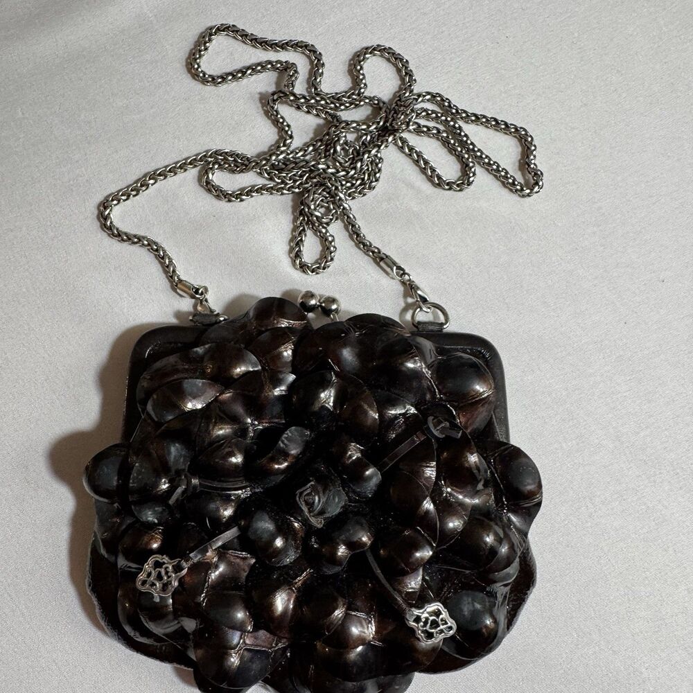 Brighton Brown Leather Floral Rosette Kiss Lock Chain Clutch Bag Wedding Evening